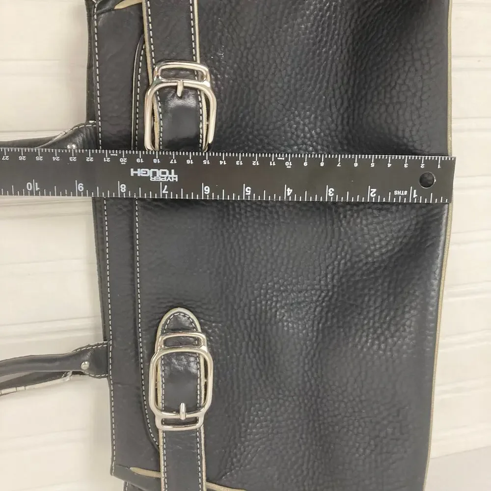 Cole Haan Village Pebbled Leather Bag Black White Trim Buckle Satchel Lined Teal